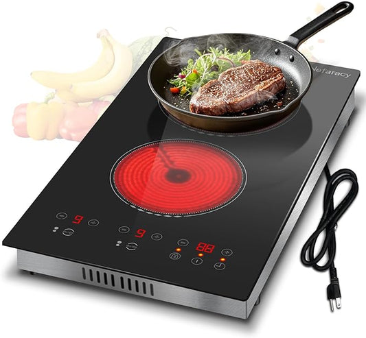 2 Burner Electric Cooktop 12 Inch, 110V Electric Stove with Touch Control, 2000W Ceramic Cooktop, Built-in & Countertop, Overflow Protection, Safety Lock, Timer(Plug in)