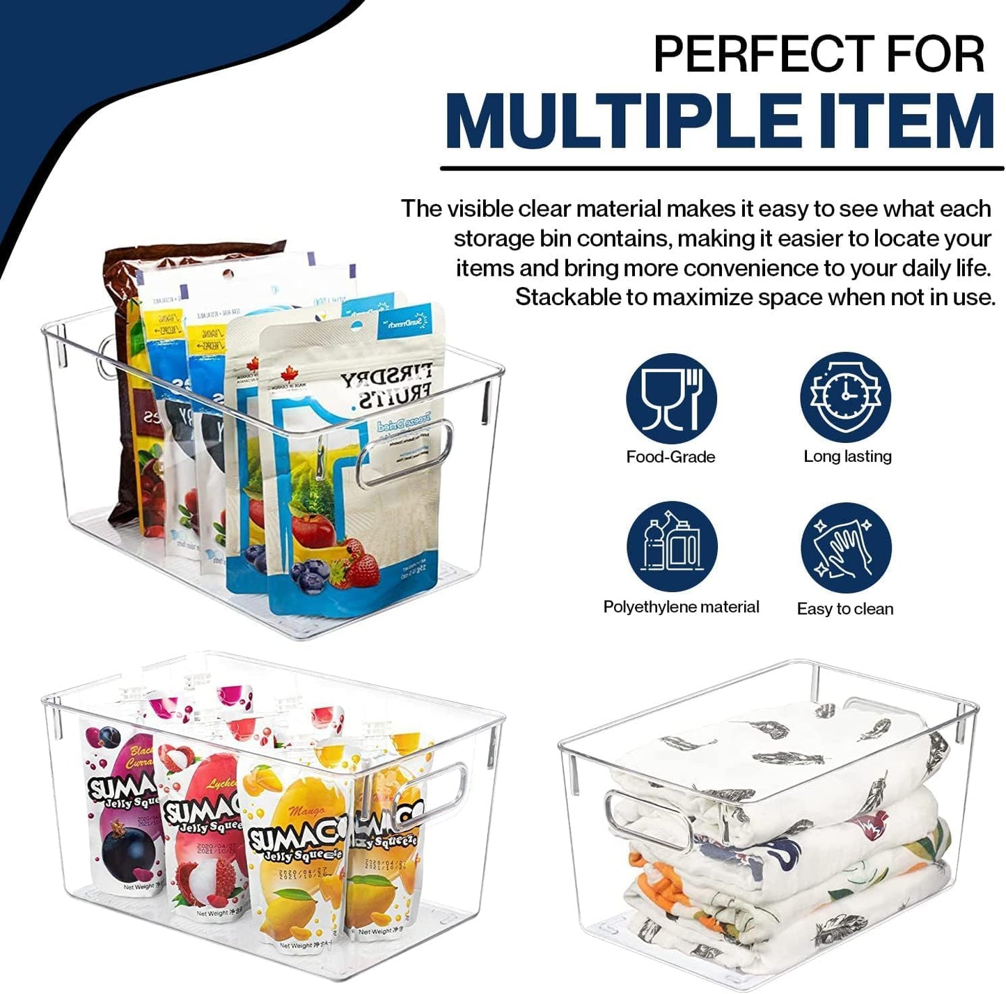 Clear Plastic Storage Bins with Lids, Perfect for Kitchen Organization or Pantry Organization and Storage, Stackable Fridge Organizer Bins, Storage Containers for Organizing, Cabinet Organizers