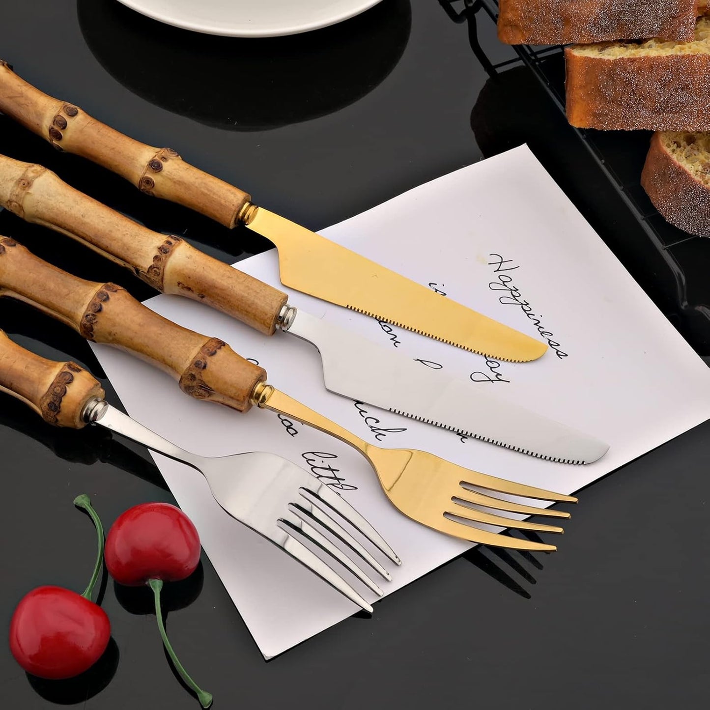 JASHII 16 Pieces Bamboo Handle Silverware Set Natural Bamboo Flatware Stainless Steel Cutlery Utensils,Service for 4, Include Knife Fork Spoon Teaspoon. - Bamboo Silver