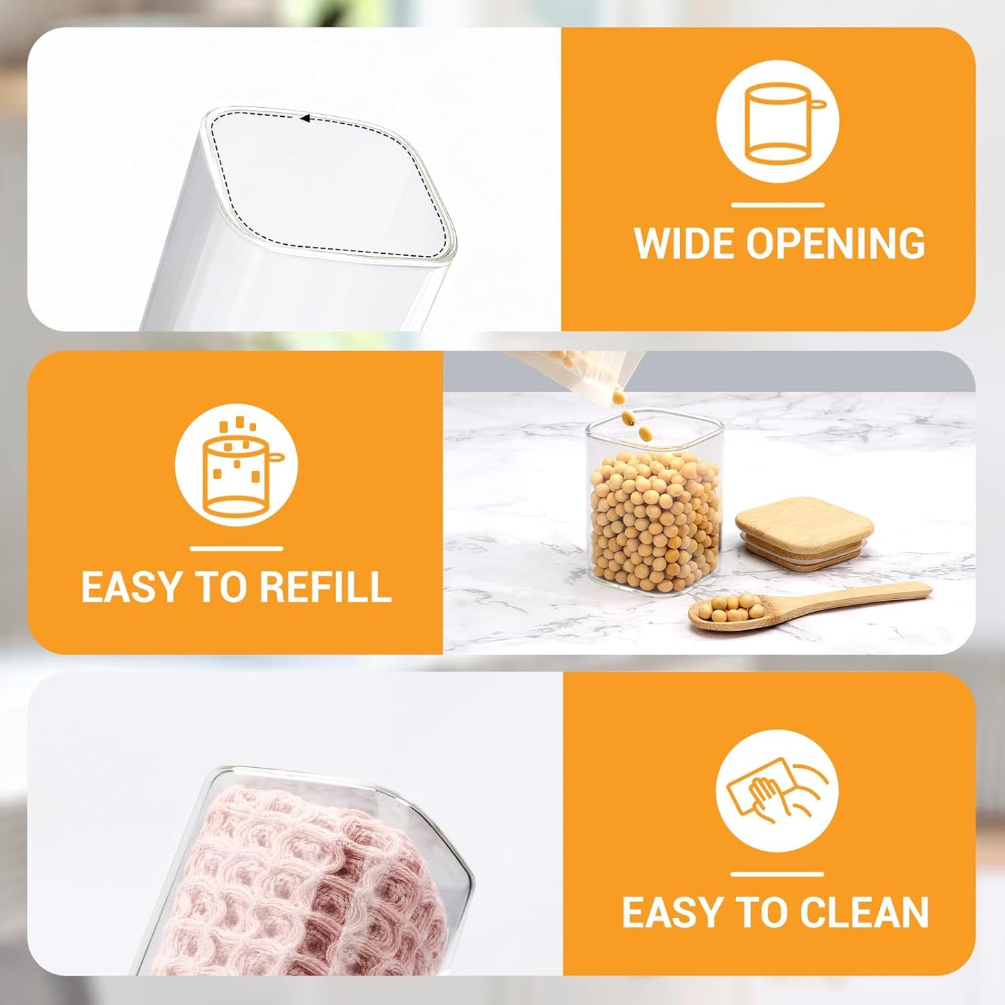 Square Glass Storage Jars, 2 Pack 6 Fl.oz Glass Jars with Bamboo Lids, Clear Spice Canister Stackable Sugar Coffee Containers for Candy Loose Tea Oats - Set Included Labels, Spoon and Marker