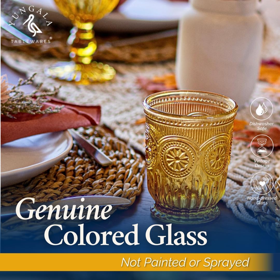 Yungala Amber drinking glasses set of 6 amber glassware cups, 8 oz small water glasses hobnail dishwasher safe cute colored drinkware for fall tablescape