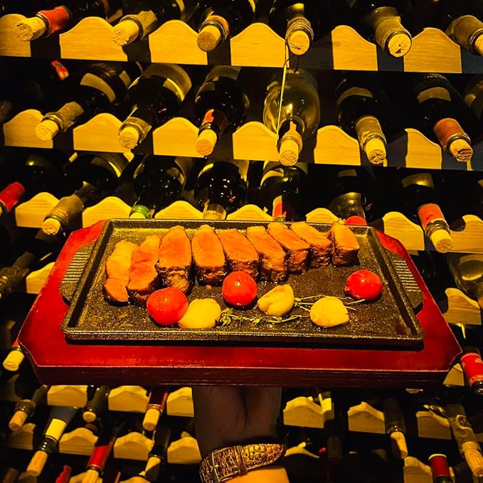 Cast Iron Steak Plate, Grill Pans, Sizzle Griddle with Wooden Base, Steak Pan, Griddle Grill Pan with handles (Plate with Base 7.5" x 4.8")