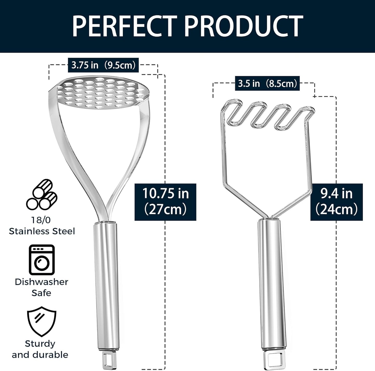 18/0 Stainless Steel Potato Mashers, 10.7-in Kitchen Masher Tool for Avocado Vegetable Sauce Butter, Heavy Duty, Dishwasher Safe, Pack of 2