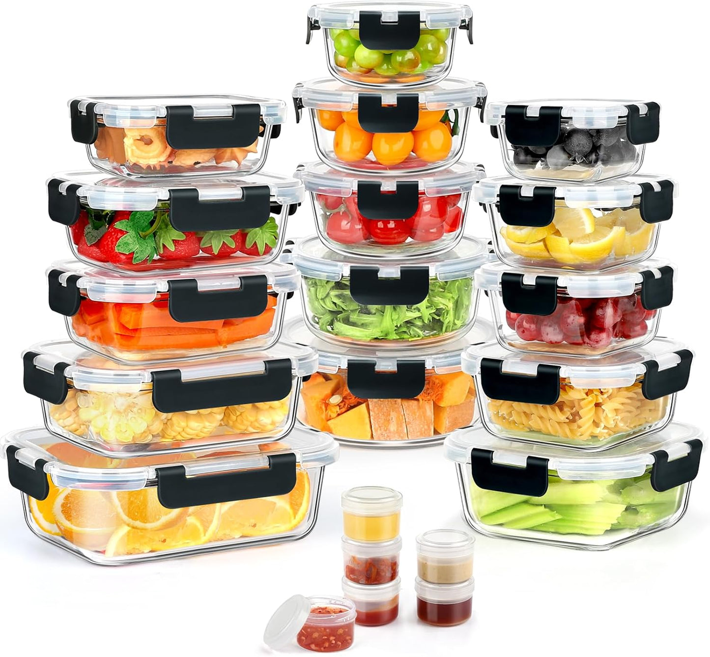 42pcs Glass Food Storage Containers with Snap Locking Lids Set, Glass Meal Prep Containers (21 Container & 21 Lids),Leak Proof Lunch Containers BPA-Free,Black