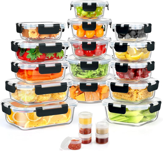 42pcs Glass Food Storage Containers with Snap Locking Lids Set, Glass Meal Prep Containers (21 Container & 21 Lids),Leak Proof Lunch Containers BPA-Free,Black