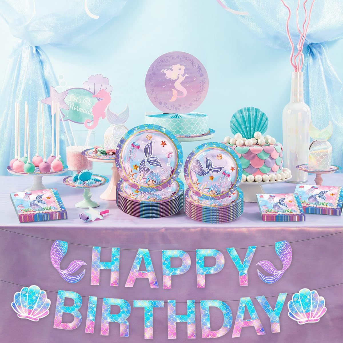 Mermaid Party Supplies Plates and Napkins Sets,Mermaid Birthday Decorations Disposable Plates for Baby Shower, Mermaids Theme Tableware with Cups, Tablecloth, Birthday Banner for Kids Girls, Serve 24