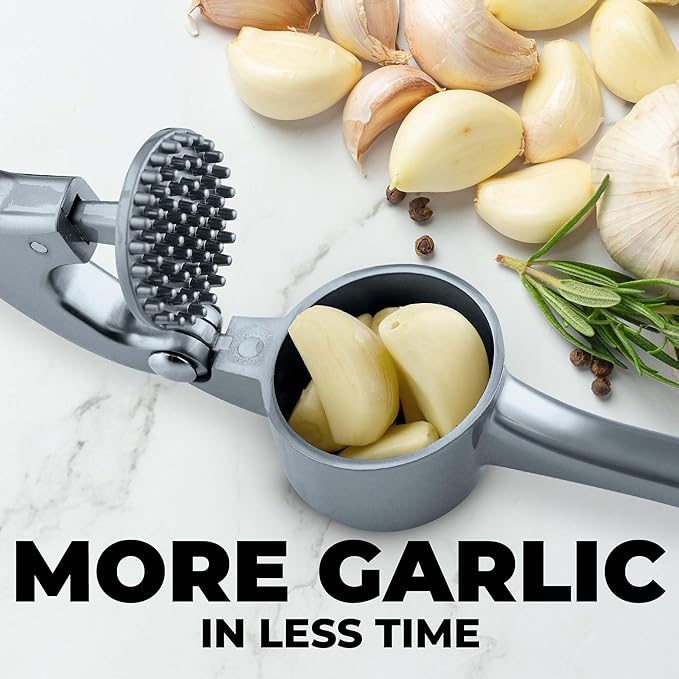 Zulay Kitchen Large Premium Garlic Press Set - Bigger Bowl for Bigger Garlic - Rust Proof & Dishwasher Safe Garlic Mincer Tool - Easy-Squeeze, Easy-Clean Silicone Garlic Peeler & Brush (Slate)