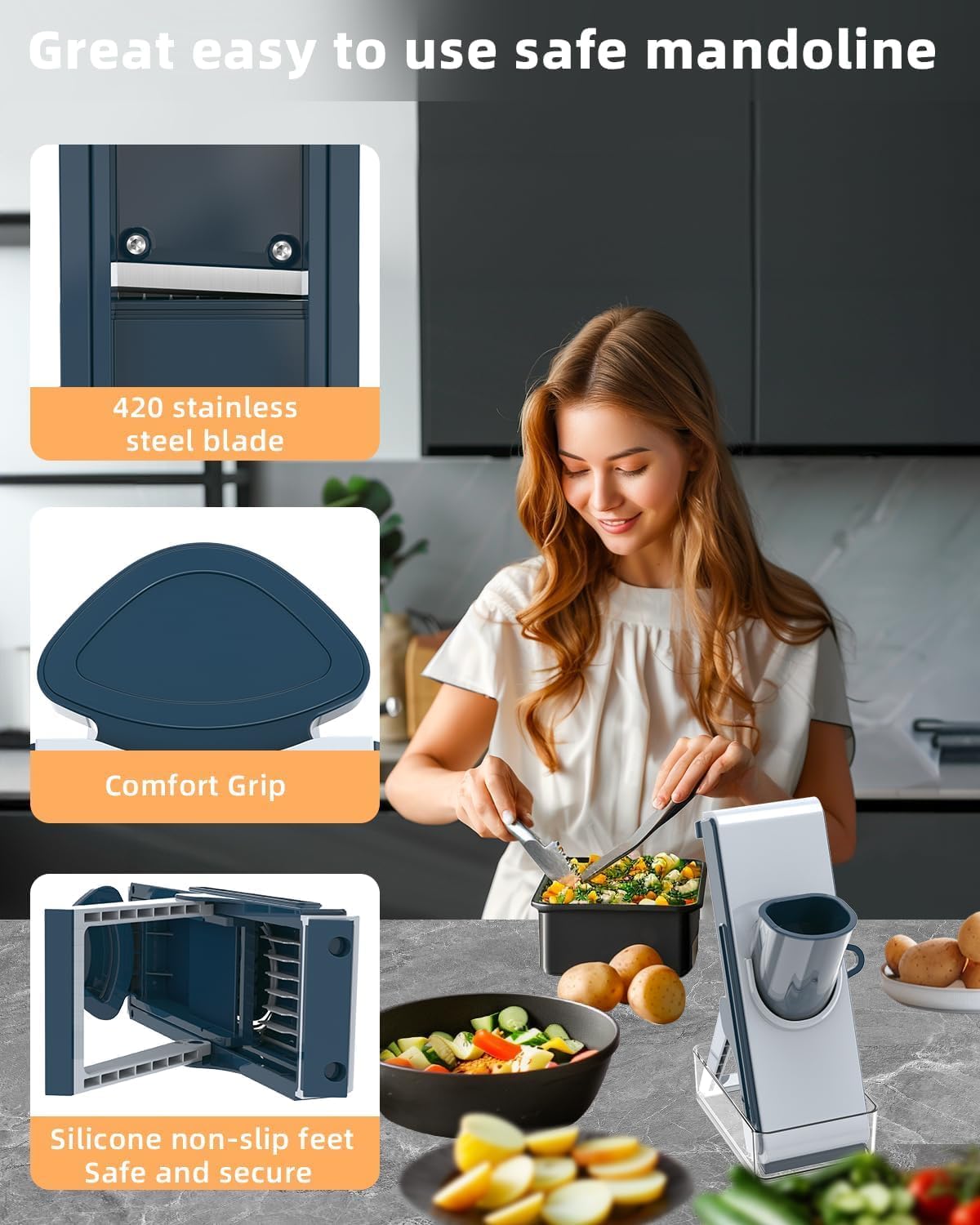 Blue Mandoline Slicer - Potato & Vegetable Food Slicer & Chopper, Easy to Clean, Detachable Kitchen Artifact