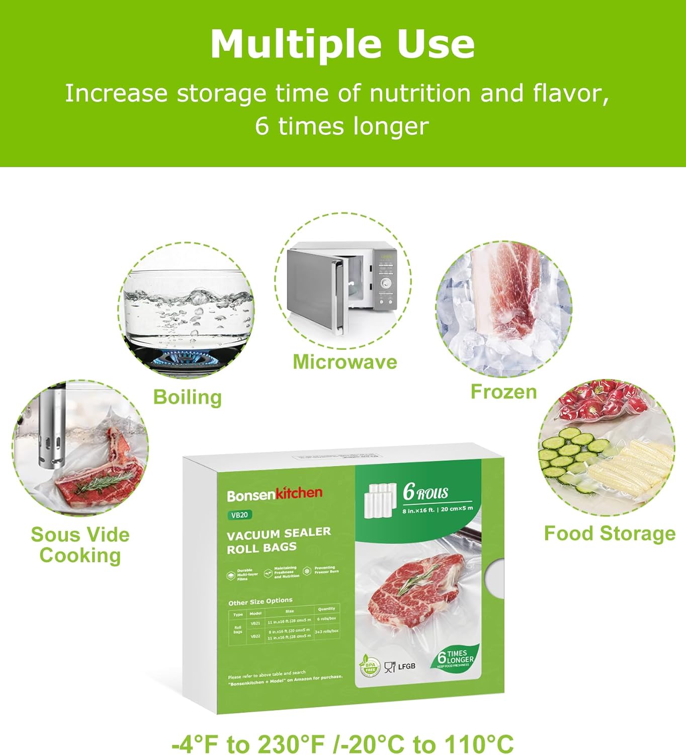[2025 Upgraded] Bonsenkitchen 6 Rolls 8" x 16' Vacuum Sealer Bags for Food with a Color Box, Easy to Store, Commercial Grade, BPA Free, Great for Food Storage or Sous Vide, VB20