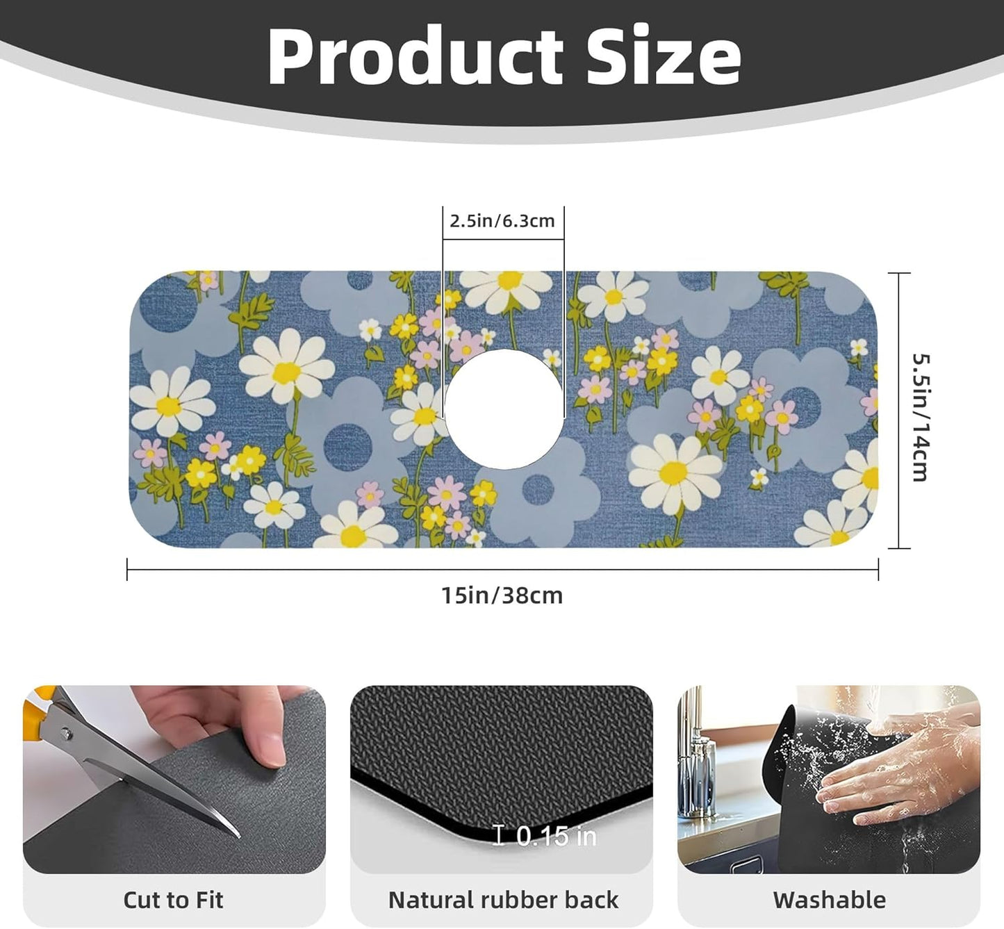Daisy Flowers Dish Drying Mat for Kitchen Counter, 16"x18" Microfiber Absorbent Fast Dry Mat, 2Pcs Dish Mat Faucet Mats Sets, Large Drying Kitchen Mat Kitchen Drying Pad Coffee Bar Decor Gifts