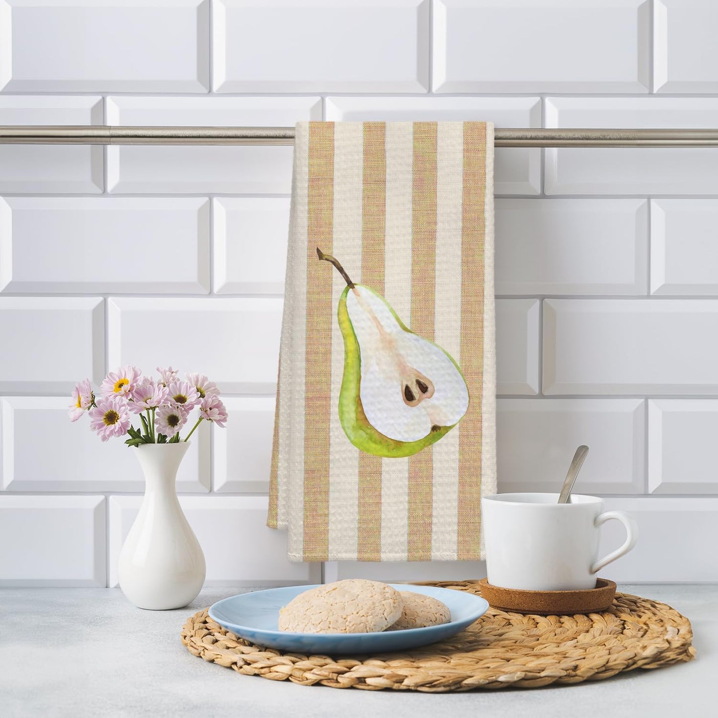 Pear Fruit Kitchen Towels, Beige Striped Pear Dish Tea Towels for Kitchen Decor, Gifts for Fruit Lovers Decorative Hand Towel, 16x24 Inch