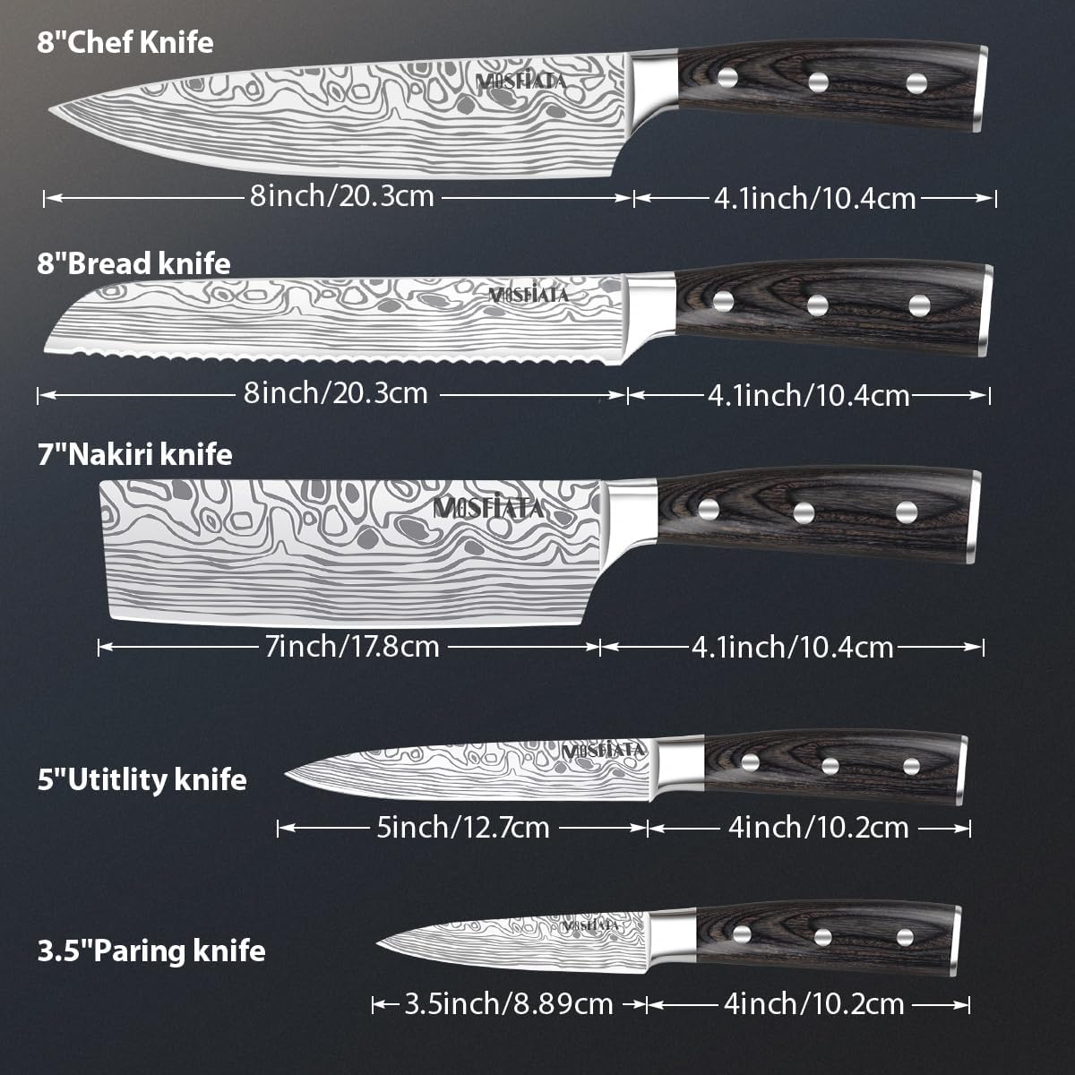 MOSFiATA 5 PCS Chef Knife Set, German High Carbon Stainless Steel Kitchen Knife Set with Sharpener Rod，5PCS Blade Guard,Wood Handle Knives Set for Kitchen with Gift Box