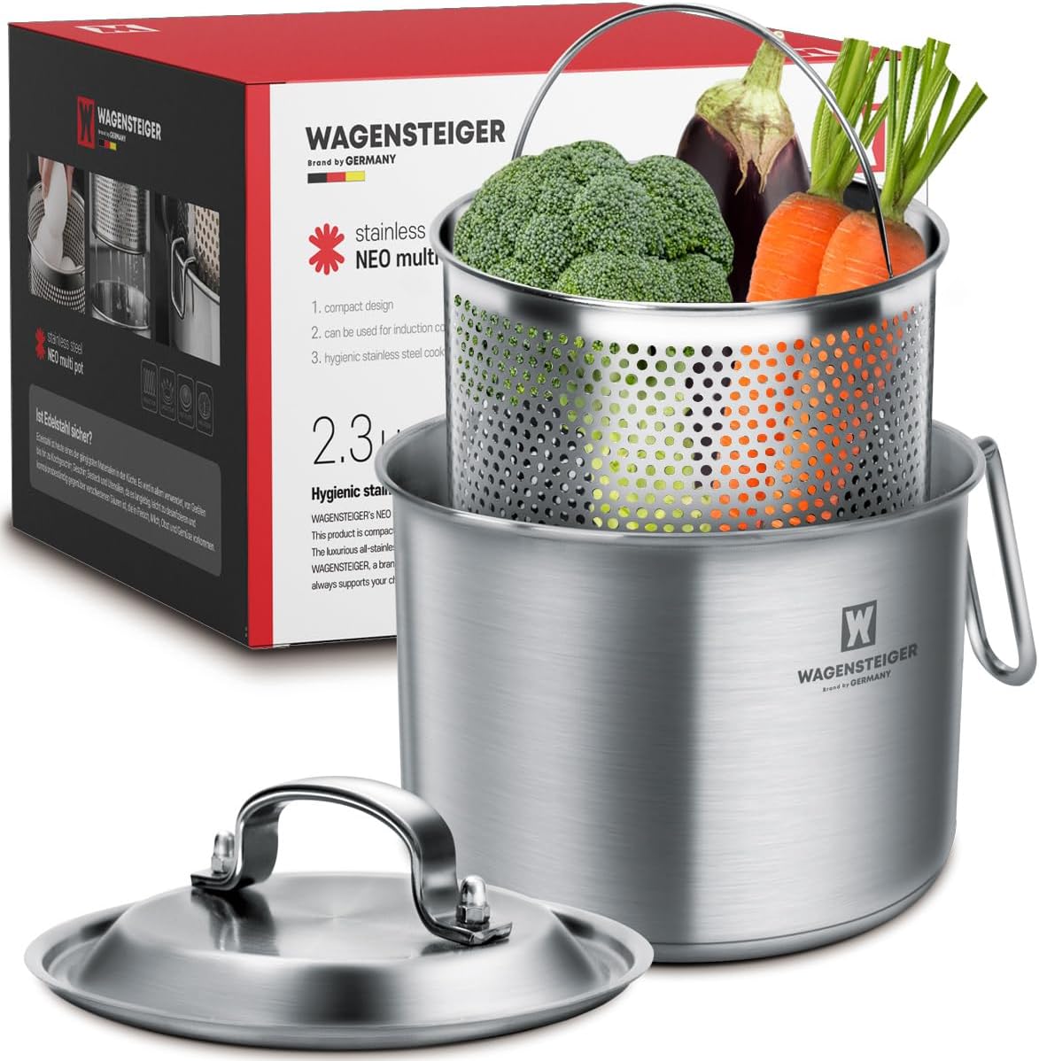 Stainless Steel Vegetable Egg Steamer Pot Saucepan Pasta Stovetop Cooker with Perforated Basket, Small Sized for Single or Double Servings (2.3Liter / 2.43Quarts)