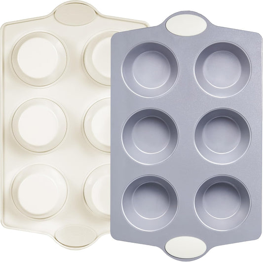 BRONYPRO 2-Pack Jumbo Ceramic Muffin Pans, 6-Cup Nonstick Aluminized Steel Cupcake Pans, Healthy Non-Toxic Ceramic Coating Muffin tin, Oven Safe to 500°F, Cream