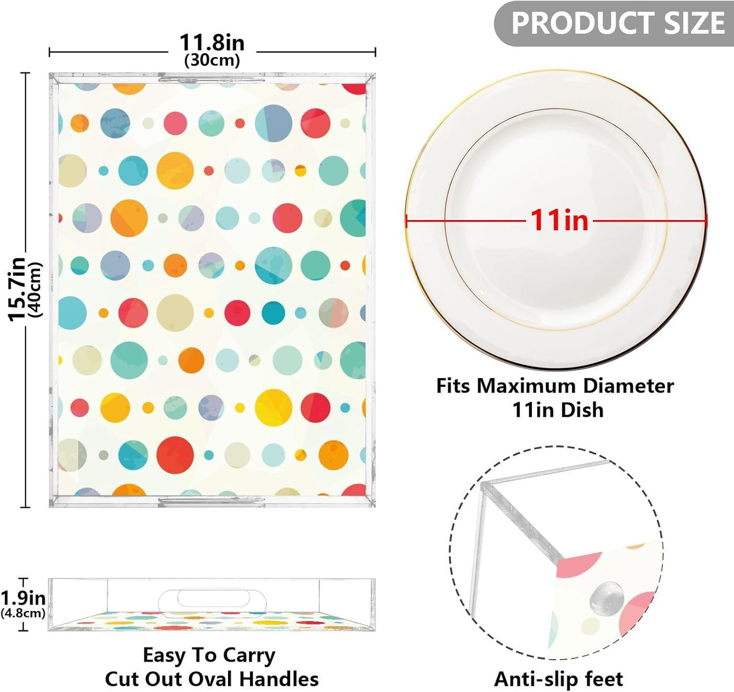 Acrylic Serving Tray with Handles Spill Proof Kitchen Storage Tray Clear Decorative Tray Makeup Drawer Organizer Storage Tray for Bathroom Living Room Ottoman 15.7x11.8Inches