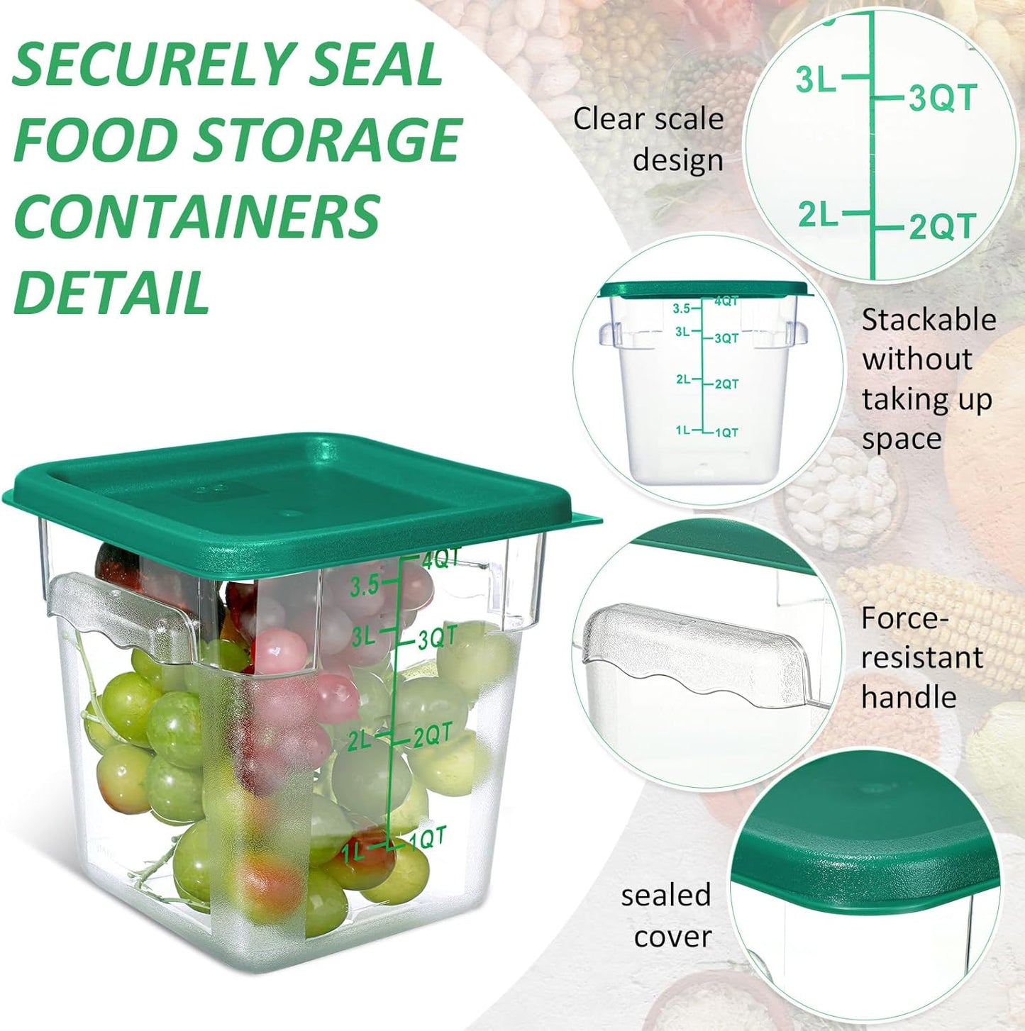 Yungyan 6 Pcs Commercial Food Storage Containers 4 Qt Square Acrylic Airtight Food Storage Containers with Lids Clear Cereal Storage Containers for Pantry Kitchen Restaurant Freezer Flour Sugar