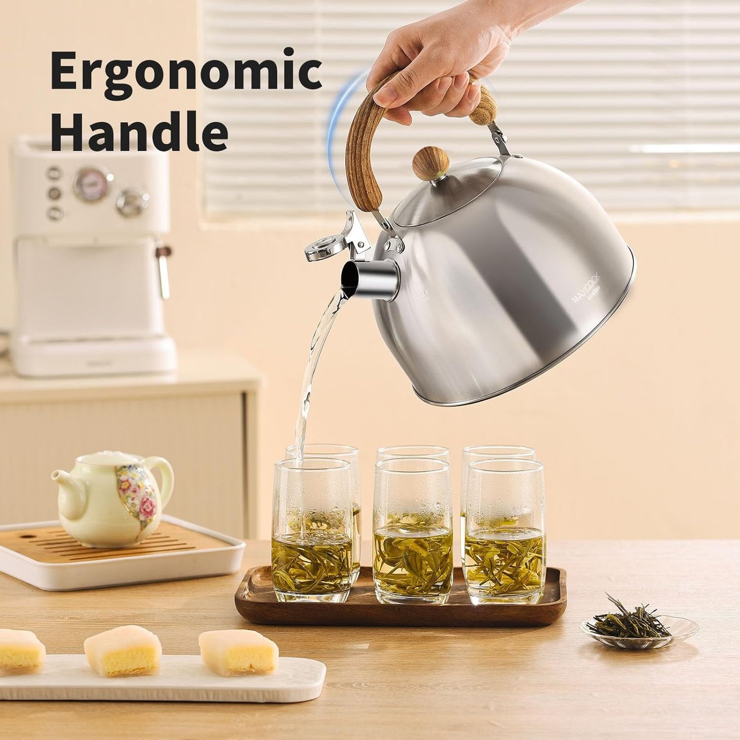 18/8 Stainless Steel Tea Kettle for Stovetop (2L / 2.1 Quart Whistling Tea Pot, Wood Handle)-Silver