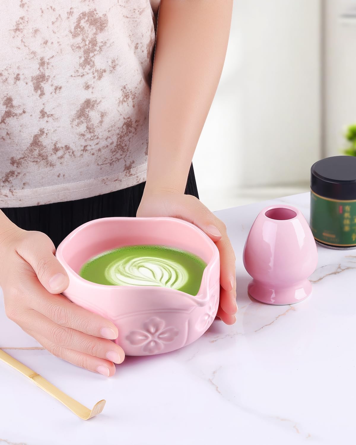 Matcha Whisk Set, Ceramic Matcha Set Includes Matcha Bowl with Spout, Matcha Whisk and Holder (Pink, 3Pcs/set)