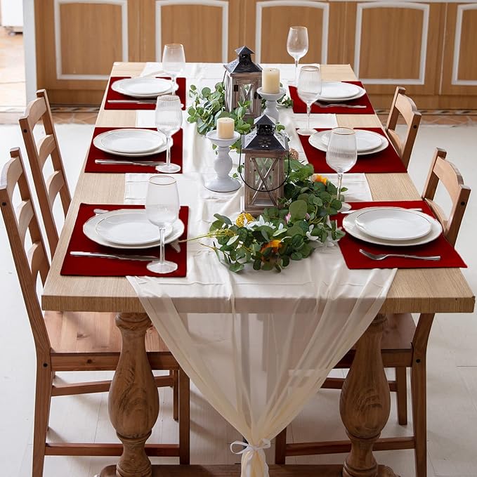 Linen Fabric Placemats Set of 6, Machine Washable, Heat Resistant, Wrinkle Free, Thick Polyester Kitchen Place Mats for Dining Table (Burgundy)