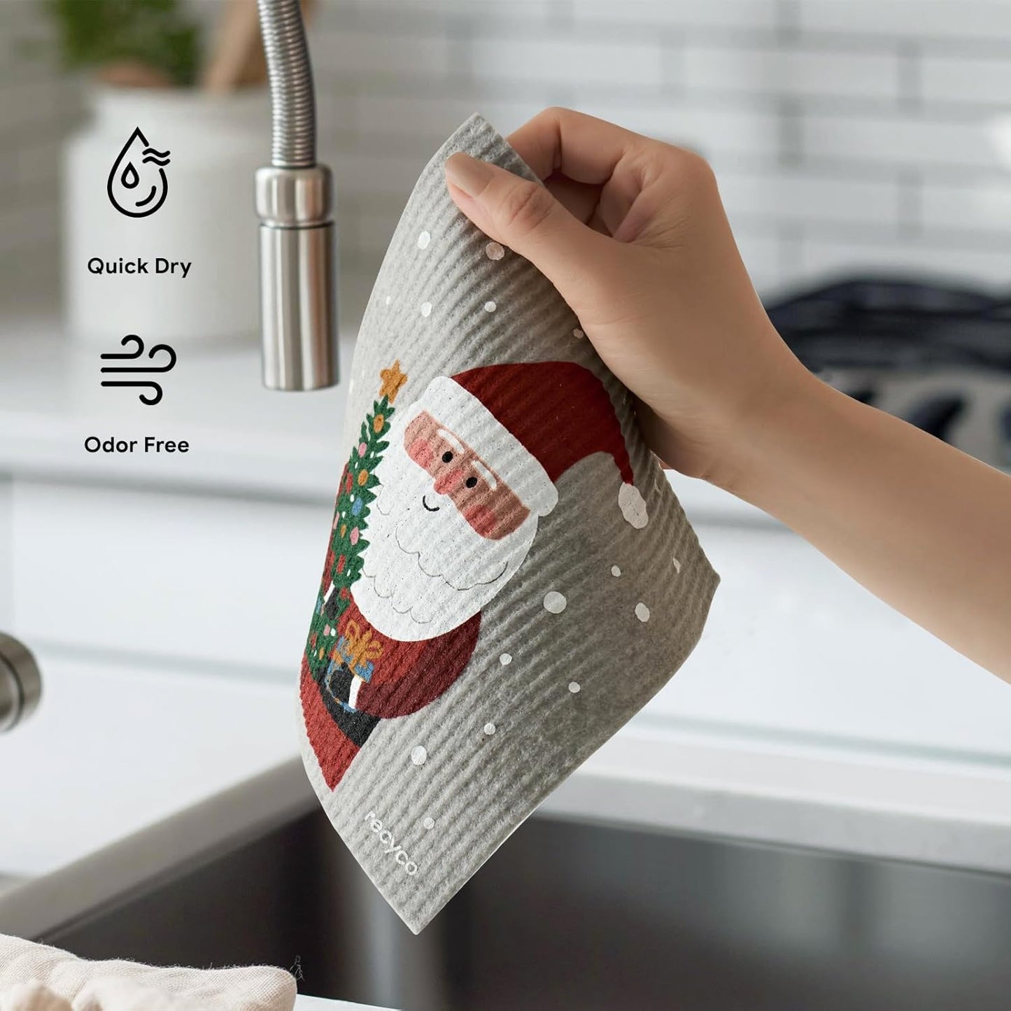 RECYCO 4 Pack Christmas Swedish Dishcloths for Kitchen | Classic Red Washable Dish Towels | Cellulose Reusable Cleaning Paper Towels | Absorbent Counter Dish Cloth Sponge Kitchen Wipes, 7" x 8"