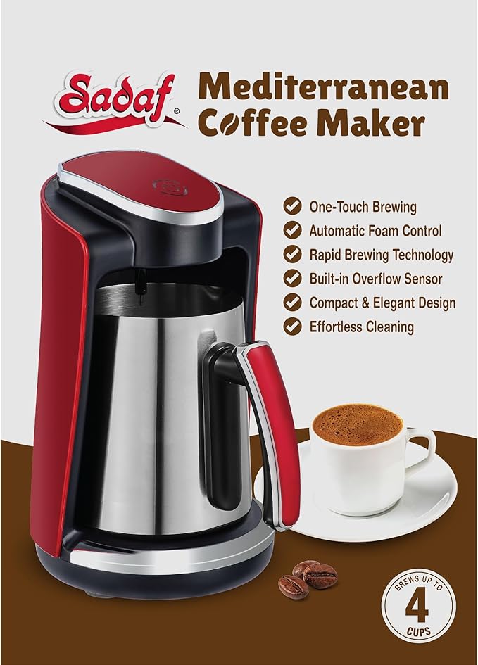 Sadaf One-Touch Mediterranean Coffee Maker – Electric Turkish, Greek, and Armenian Coffee Machine - Stainless Steel Coffee Maker - Foam Control & Overflow Sensor - 250ml, Red
