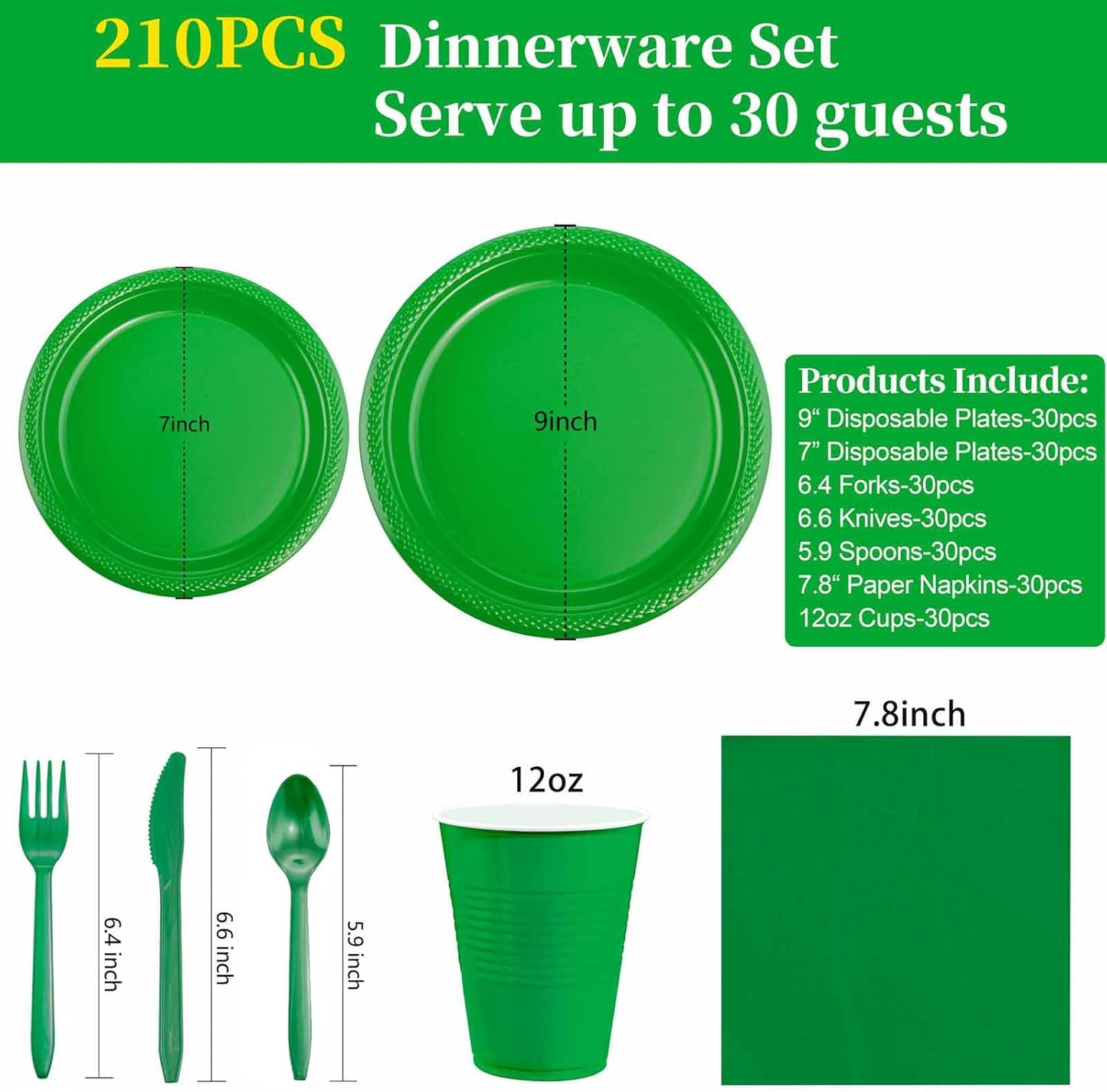 WELLIFE 210Pcs Green Plastic Plates,Disposable Dinnerware Set,Party Supplies Including Green pates, 12OZ Cups, plastic Cutlery and Napkins Serve 30 Guests, Plastic Plates for Party