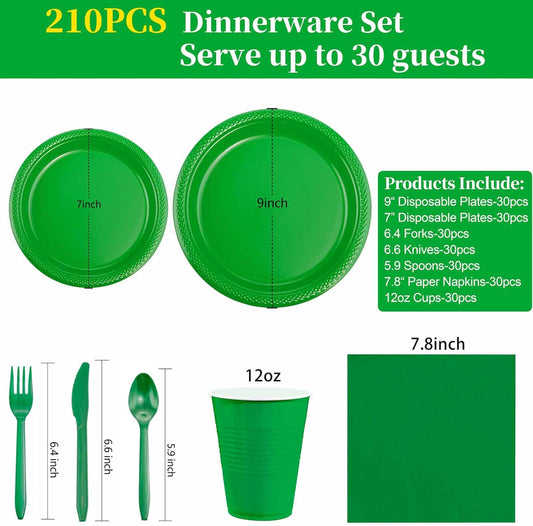 WELLIFE 210Pcs Green Plastic Plates,Disposable Dinnerware Set,Party Supplies Including Green pates, 12OZ Cups, plastic Cutlery and Napkins Serve 30 Guests, Plastic Plates for Party