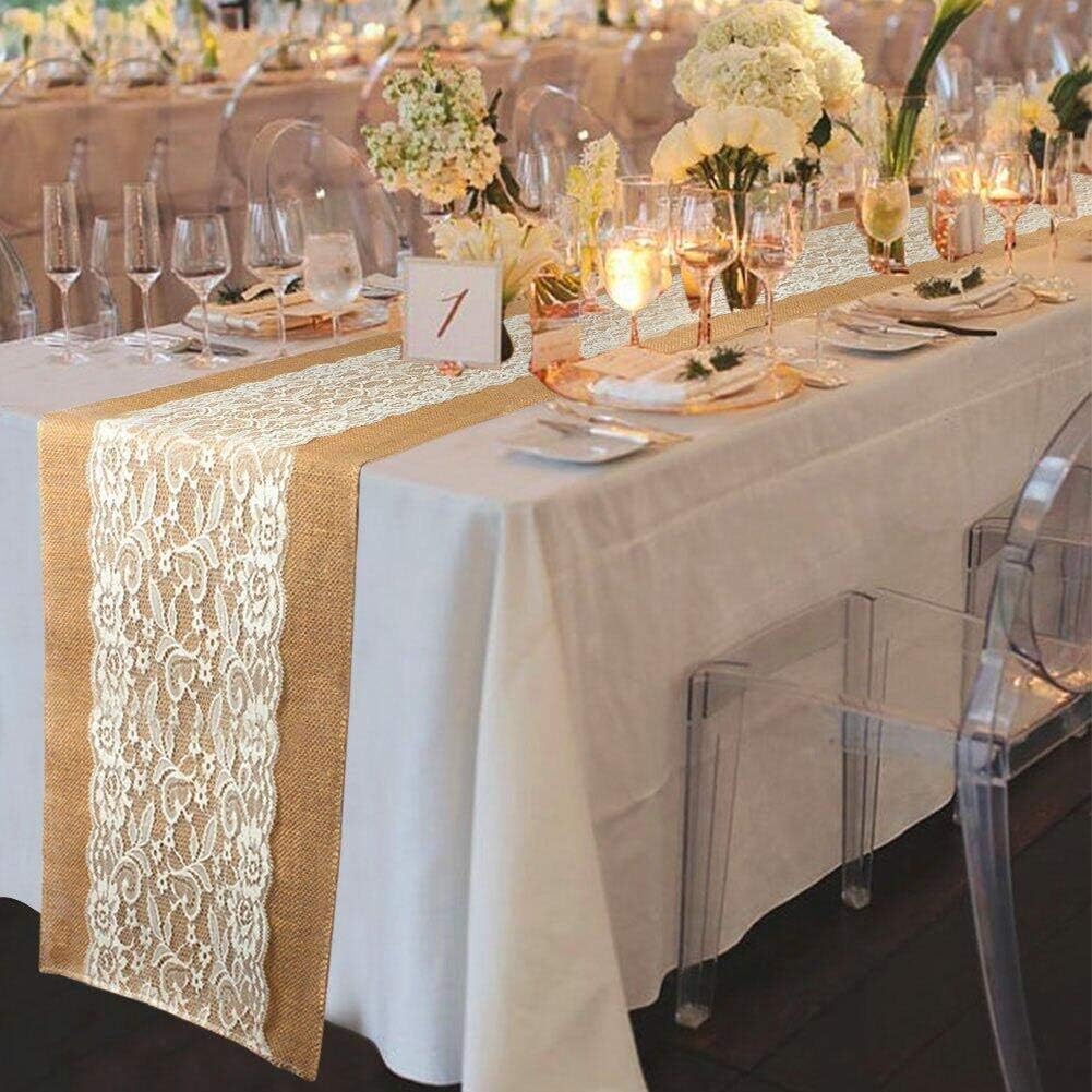 Burlap Lace Table Runner, 12” Wide X 30 Yards Lace Vintage Rolls Runners Rustic Country Barn for Wedding Decoration Rustic Kitchen Decor Farmhouse (12" x30Yard with lace)