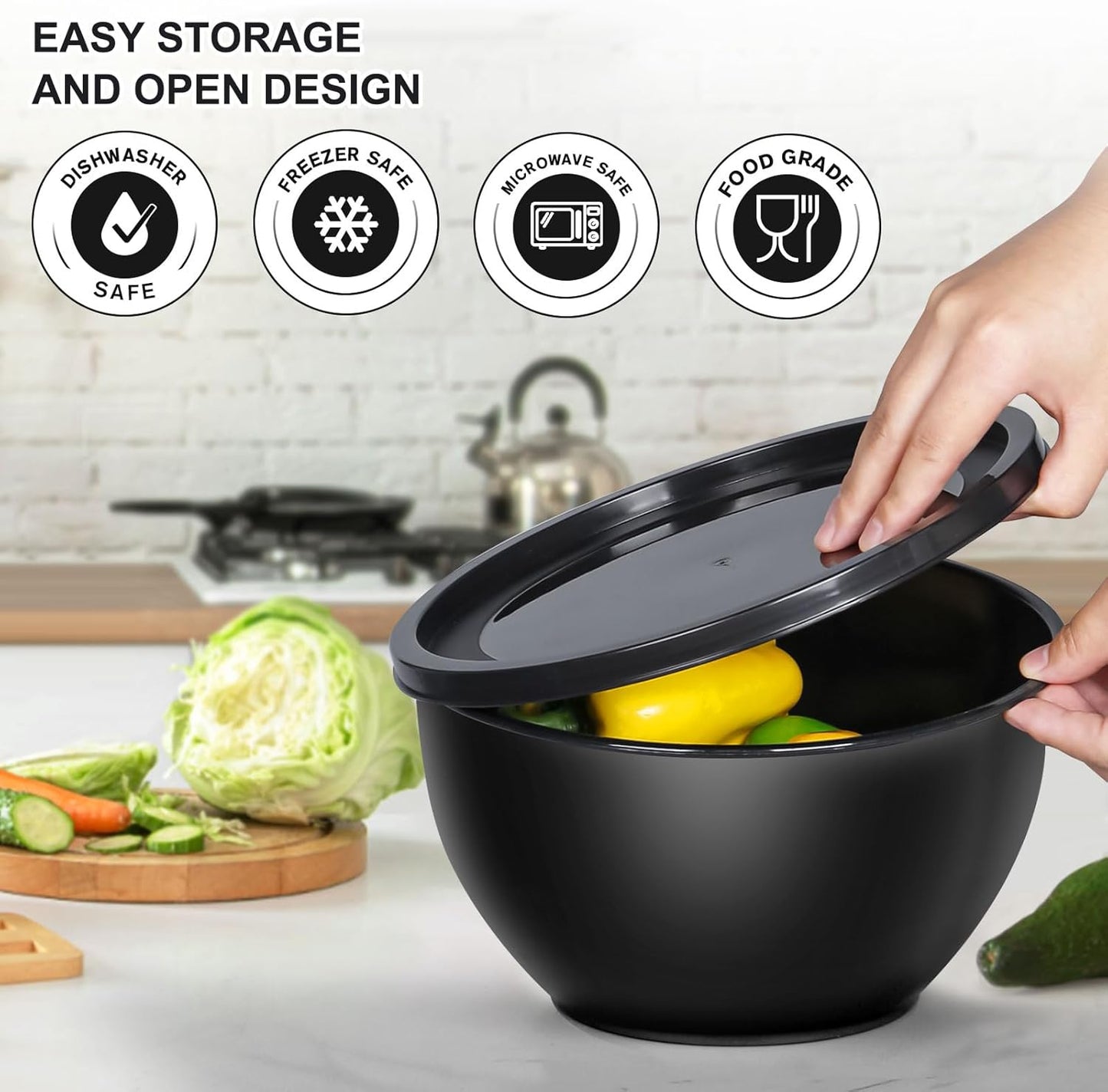 5-Piece Plastic Mixing Bowls with Lids Set for Kitchen, Nesting Bowls for Mixing, Baking, Prepping, Cooking and Serving Food, Black Mixing Bowls Dishwasher, Microwave Safe