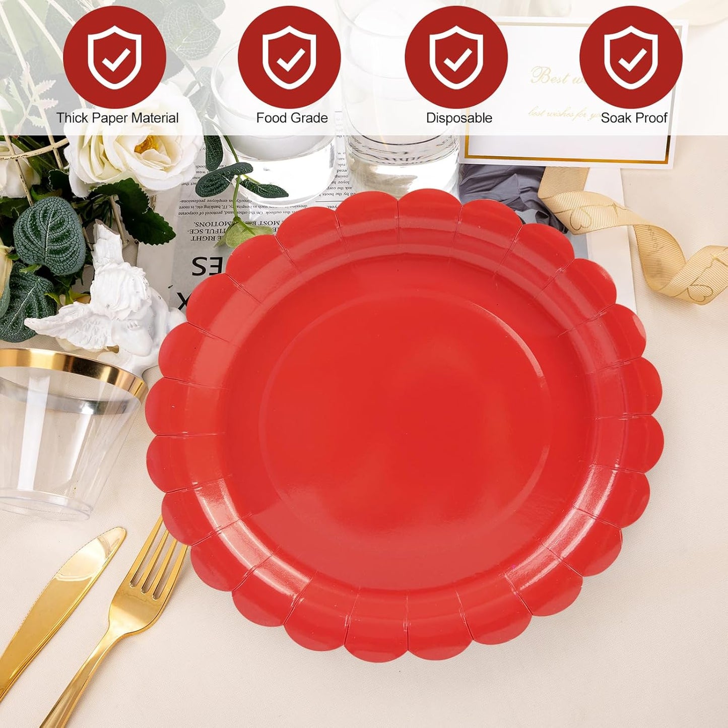 50Pcs Red Paper Plates-7 Inch Red Christmas Scalloped Plates Disposable Dessert Birthday Dinnerware Party Supplies for Wedding Baby Shower Birthday Party Table Decor