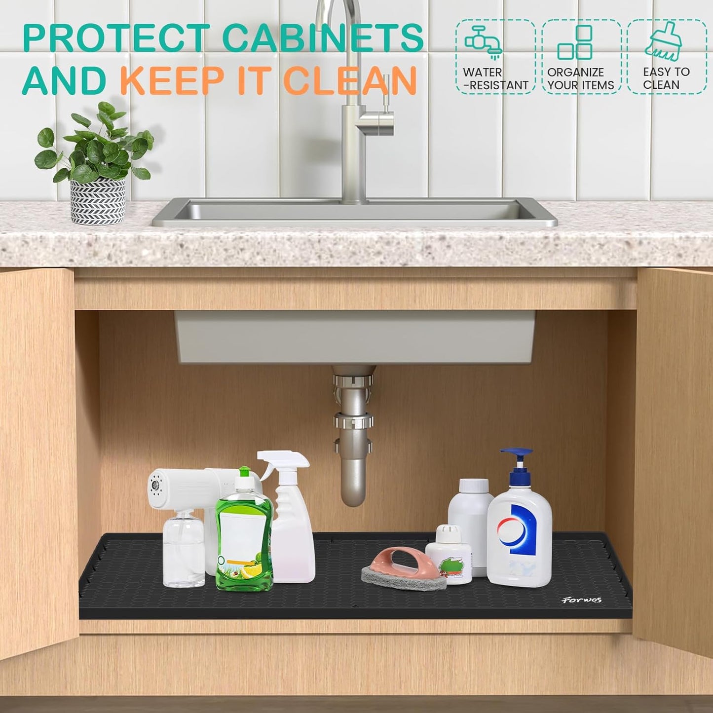 Waterproof Under Sink Mat 31" x 22", Silicone Cabinet Liner, Rubber Protector for Kitchen and Bathroom, Keeps Cabinets Clean, Dry, and Organized (Black)