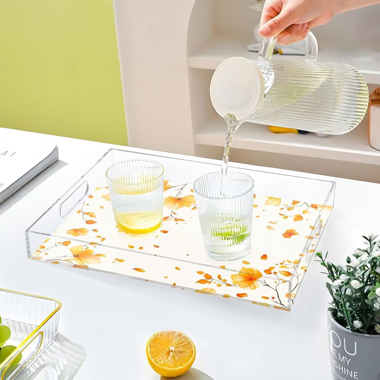 Acrylic Serving Tray with Handles Spill Proof Kitchen Storage Tray Clear Decorative Tray Makeup Drawer Organizer Storage Tray for Bathroom Living Room Ottoman 15.7x11.8Inches