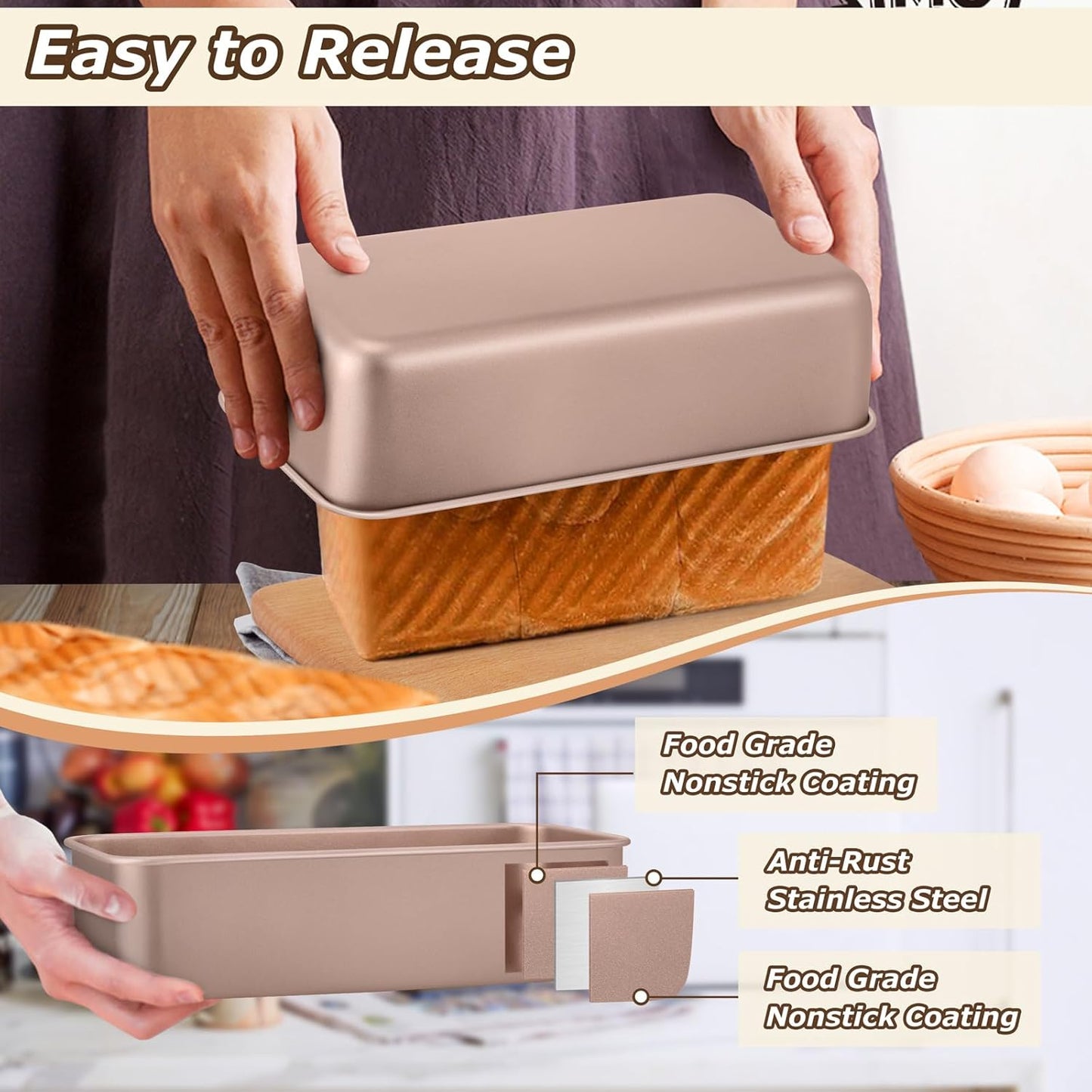 LIANYU 9 x 5 Inch Bread Loaf Pan for Baking, Stainless Steel Loaf Toast Baking Pans for Homemade Bread Meatloaf Lasagna Cake, Non Stick & Non Toxic, Oven Safe, Rose Gold