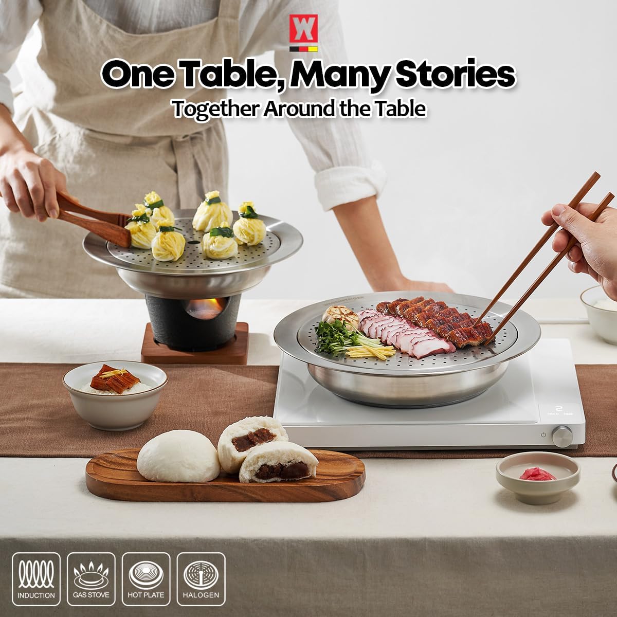 Stainless Steel Steam Food Warmer Pan with Perforated Tray, Food Steamer, Multipurpose Cooking Pan for Steaming, Boiling, and Warming Food, Korean Style Communal Food Dishes (Silver, 20.6cm / 8.12inch)