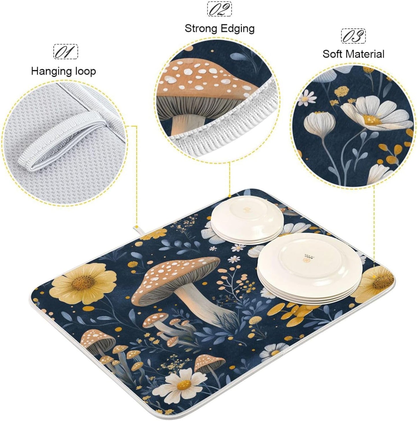 Wildflowers and Mushrooms Dish Drying Mat for Kitchen Counter Super Absorbent Dishes Pad Reversible Microfiber Protector Dish Draining Mats 16x18 inch