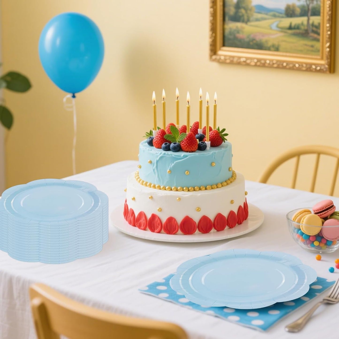 50 Pack Blue Paper Plates 7 Inch, Disposable Scalloped Plates Cake Dessert Plate for Dinner Baby Shower Wedding Bridal Shower Birthday Party Supplies (Blue, 7 inch)