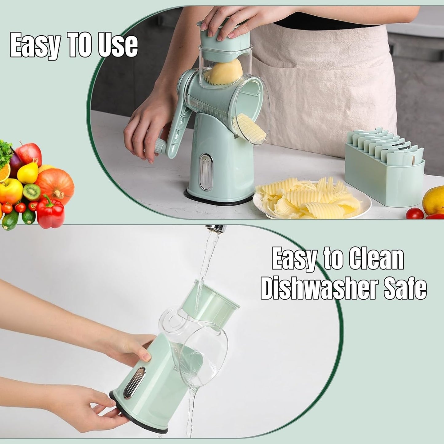 Rotary Cheese Grater with Handle, Manual Vegetable Slicer Grater with 5 Detachable Stainless Steel Blades, Round Grater Slicer Hand Crank Food Chopper for Kitchen with Blade Storage Box