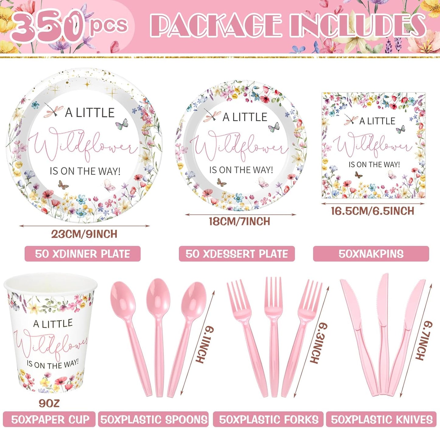 Dandat 350 Pcs Baby Shower Plates Set Baby Shower Party Supplies Serves 50 Tableware Sets Include Plates Napkin Cup Forks Knives Spoons Disposable Dinnerware(Wildflower,Pink)