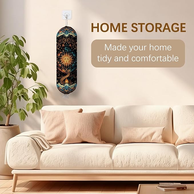 Plastic Bag Holder Dispenser, Plastic Grocery Bag Organizer & Wall Mount Paper Trash Bags Saver Storage for Kitchen Home Pantry Decor, Sun Kitchen Decor