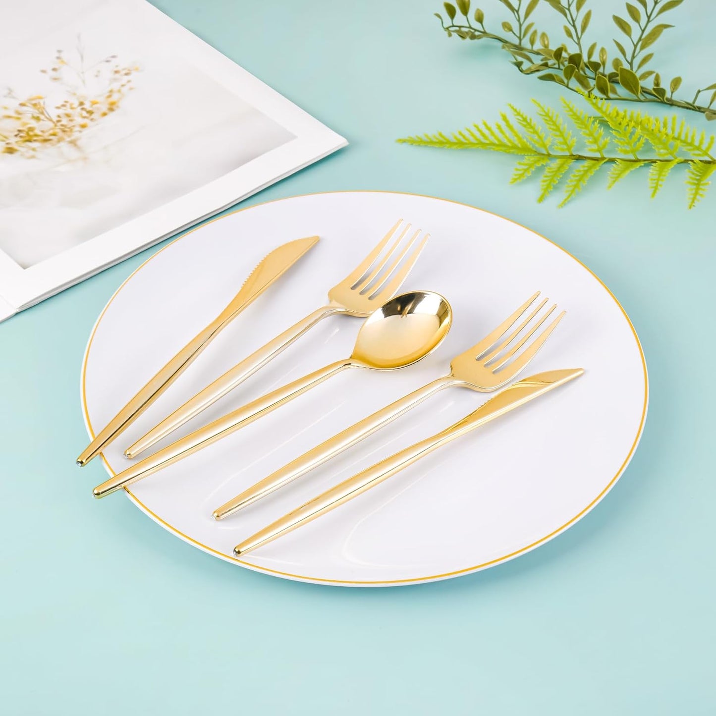 I00000 150PCS White and Gold Plastic Plates with Disposable Silverware for 30 Guests,White Plastic Plates Set Include 30 Dinner Plate,30 Dessert Plate,90 Gold Cutlery for Wedding & Party