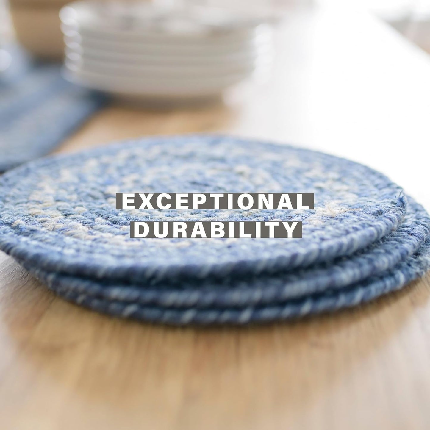 Homespice Denim Round Braided Placemats, Country Coastal Decor, Set of 2, 15" Blue Jute Table Mats - Vibrant Colors, Durable, Easy to Clean and Protects Furniture