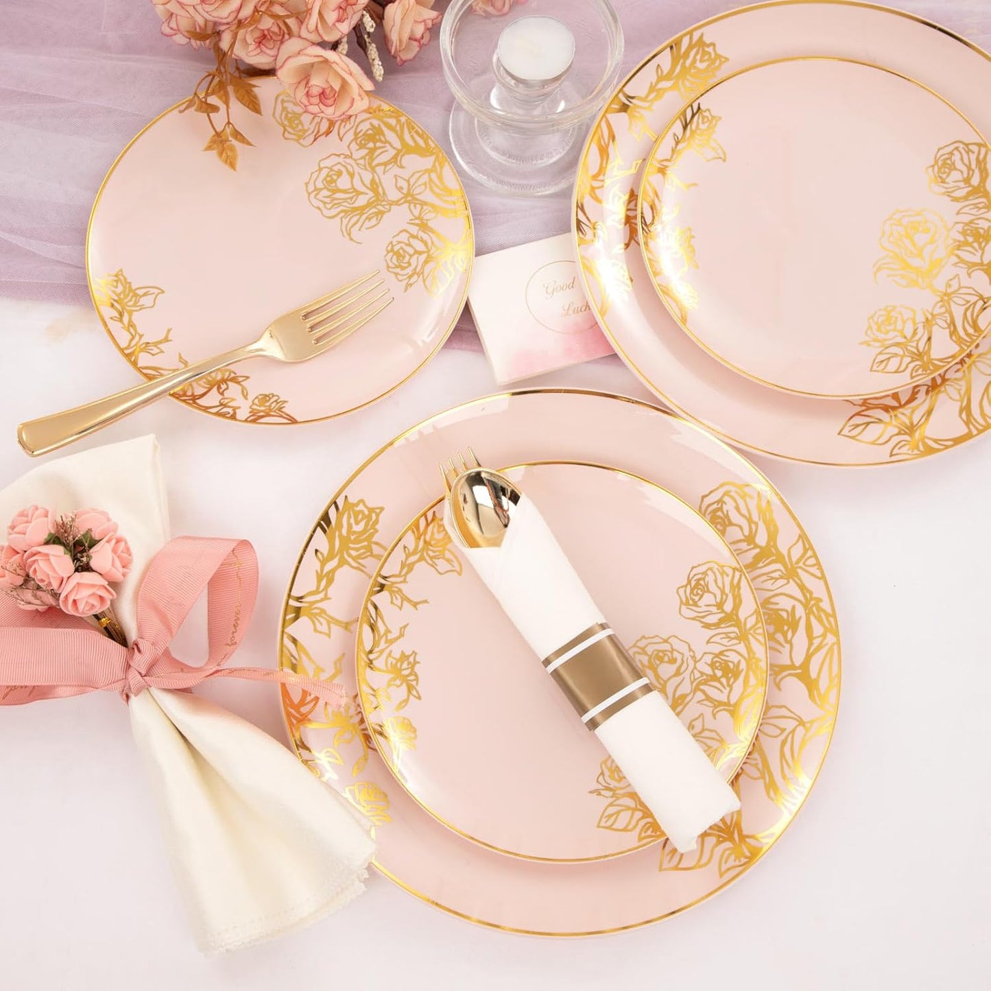 DaYammi 210Pcs Pink Gold Plastic Plates Floral Plates,Thanksgiving Disposable Dinnerware Set Includes 60 gold Pink plates,30 gold Plastic Silverware,30 Per Rolled Napkins,30 plastic Cups for Party