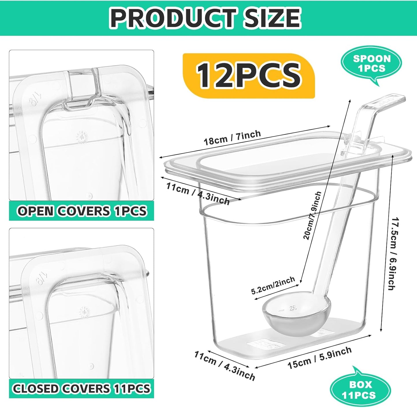 12 Pack Plastic Clear Food Pans with Lids, 1/9 Size 6'' Deep Commercial Stackable Polycarbonate Pans Hotel Food Storage Pan with 1 Pcs Spoon for Fruits Vegetables