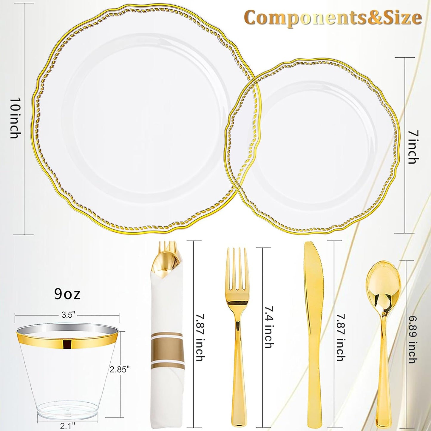 Hioasis 350pcs Clear Gold Plastic Plates - Gold Plastic Dinnerware Set Includes 50 Dinner Plates, 50 Dessert Dinnerware, 50 Cups, 50 Rolled Napkin Cutlery Perfect for Wedding & Party