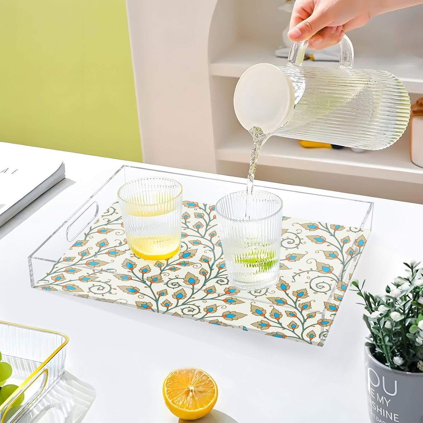 Acrylic Serving Tray with Handles Spill Proof Kitchen Storage Tray Clear Decorative Tray Makeup Drawer Organizer Storage Tray for Bathroom Living Room Ottoman 15.7x11.8Inches