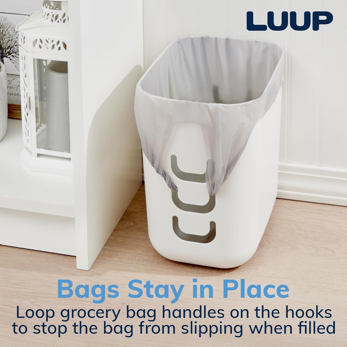 STORi Luup Bathroom Wastebasket 2pk, Secure Grocery Bags, Plastic Garbage Container for Vanity, Laundry Room, Kitchen, Office, 2.5 Gallon, White, Made in USA