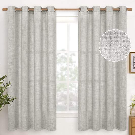 YoungsTex Light Grey Linen Semi Sheer Curtains 63 Inches Long for Bedroom 2 Panels - Textured Light Filtering Window Drapes with Bronze Grommet Privacy for Living Room, 2 Panels, 52 X 63 Inch