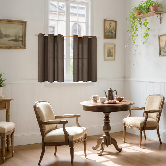 YoungsTex Brown Linen Kitchen Curtains 40 Inch Length with Grommet, Short Drapes Light Filtering Semi Sheer Fall Decor for Cafe Bathroom Window, 42 x 40 Inch, 2 Panels