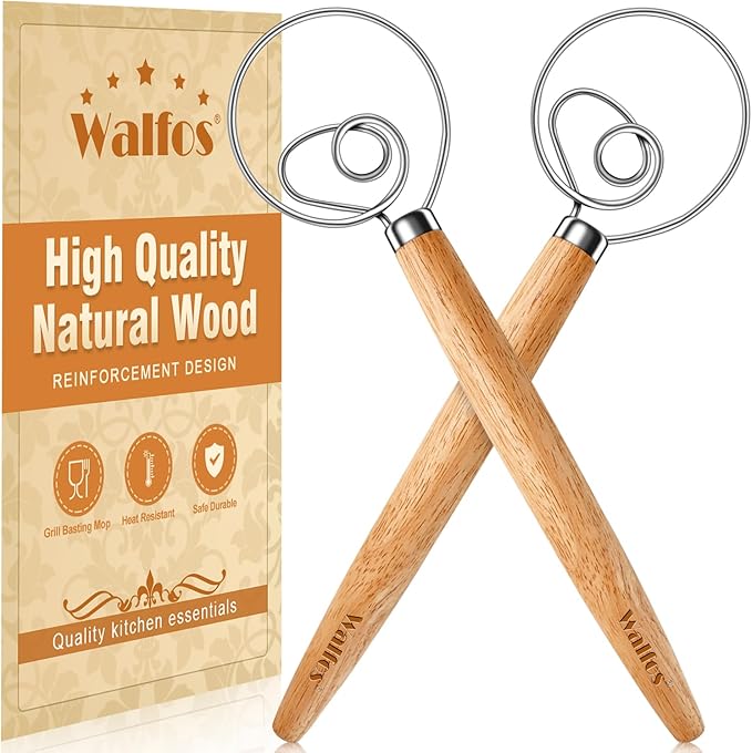 Walfos Wood Danish Dough Whisk Set 2pcs Wooden Danish Sourdough Bread Dough Whisks with Stainless Steel Ring, Kitchen Hand Bread Mixer Dough Whisking Tools for Sourdough, Cake, Pizza, Pastry