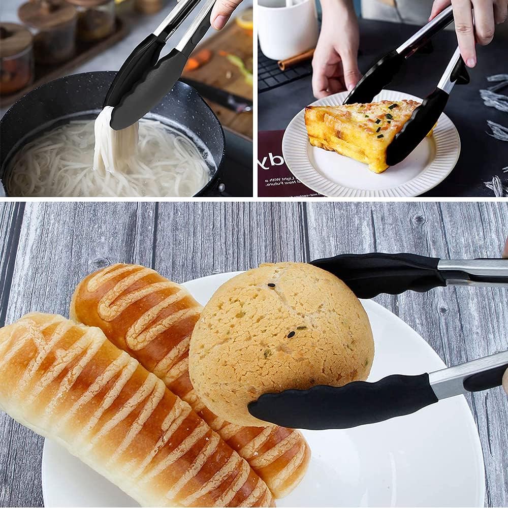 Mini Silicone Serving Tongs Set of 3, Small Kitchen Tongs (7 inch) with Silicone Tips and Stainless Steel Handle, Cooking Tongs for Salads, Pasta, Steaks, Vegetables